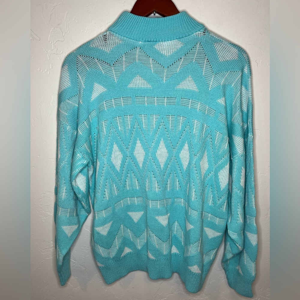 Vintage‎ 1980 Sweaters by Jolie Geometric Patterned Blue and White Sweater Retro - Picture 5 of 7